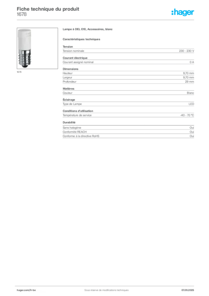 Image Hager Fiche technique du produit 1678 | Hager Belgique