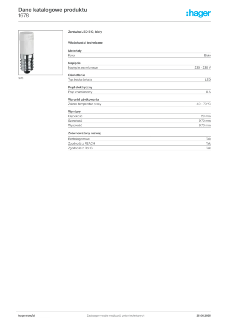 Zdjęcie Hager Karta katalogowa 1678 | Hager Polska