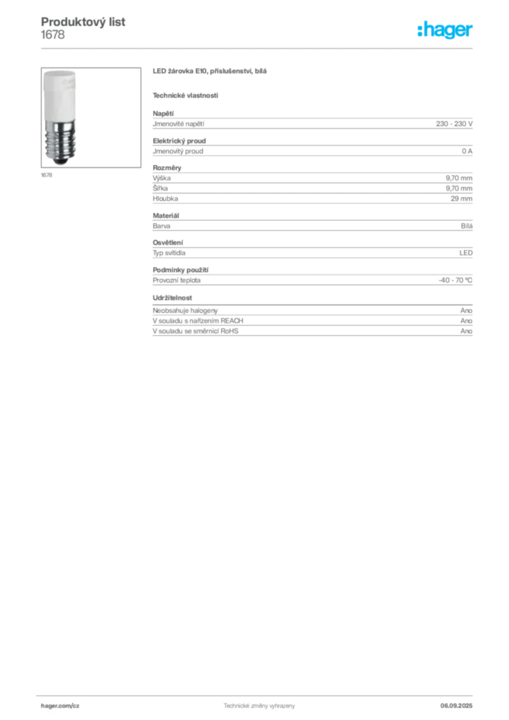 Obrázek Hager Produktový list 1678 | Hager
