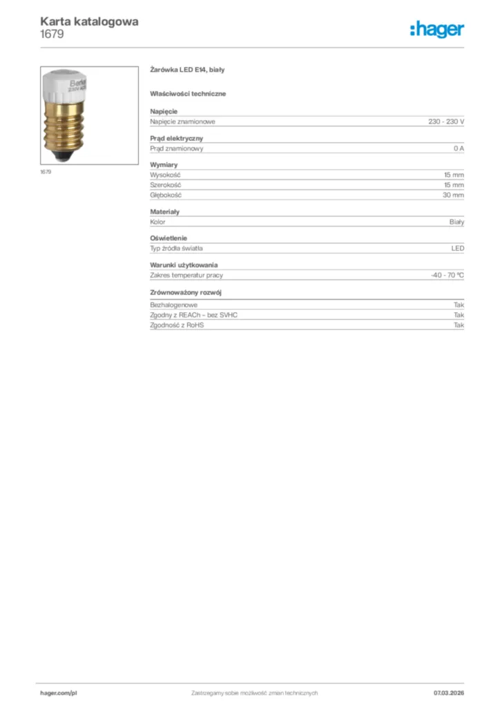 Zdjęcie Hager Karta katalogowa 1679 | Hager Polska