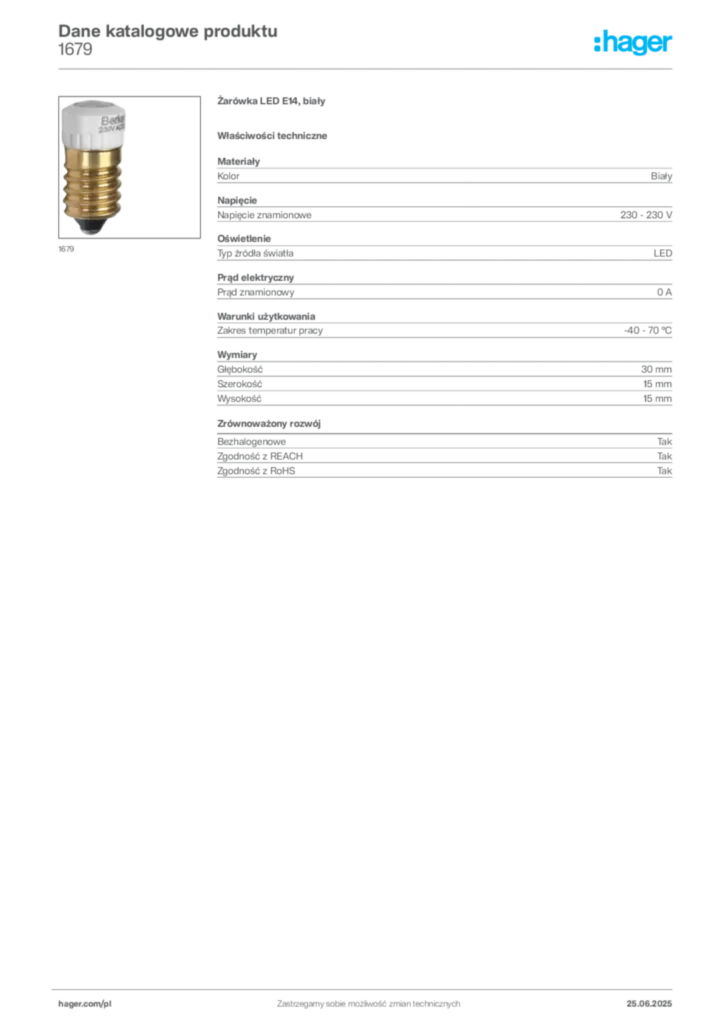 Zdjęcie Hager Karta katalogowa 1679 | Hager Polska