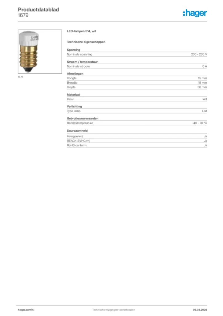 Afbeelding Hager Productdatablad 1679 | Hager Nederland