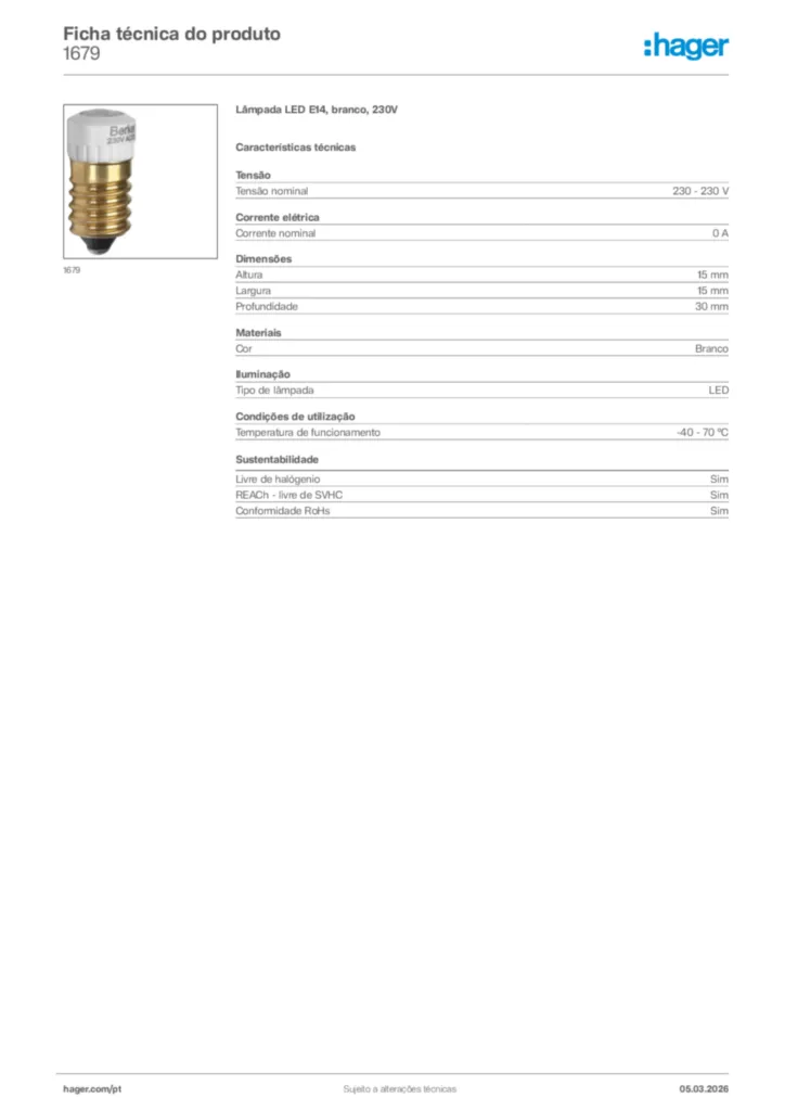 Imagem Hager Ficha técnica do produto 1679 | Hager Portugal