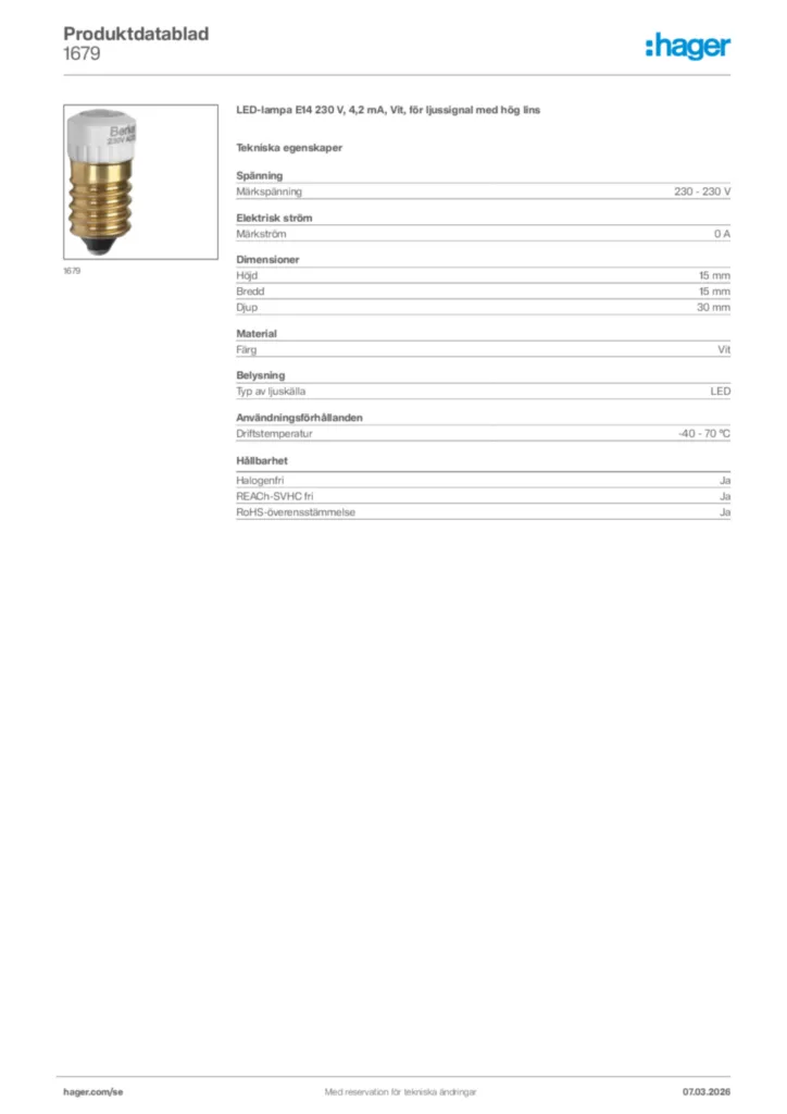 Bild Hager Produktdatablad 1679 | Hager Sverige