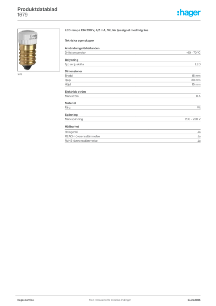 Bild Hager Produktdatablad 1679 | Hager Sverige