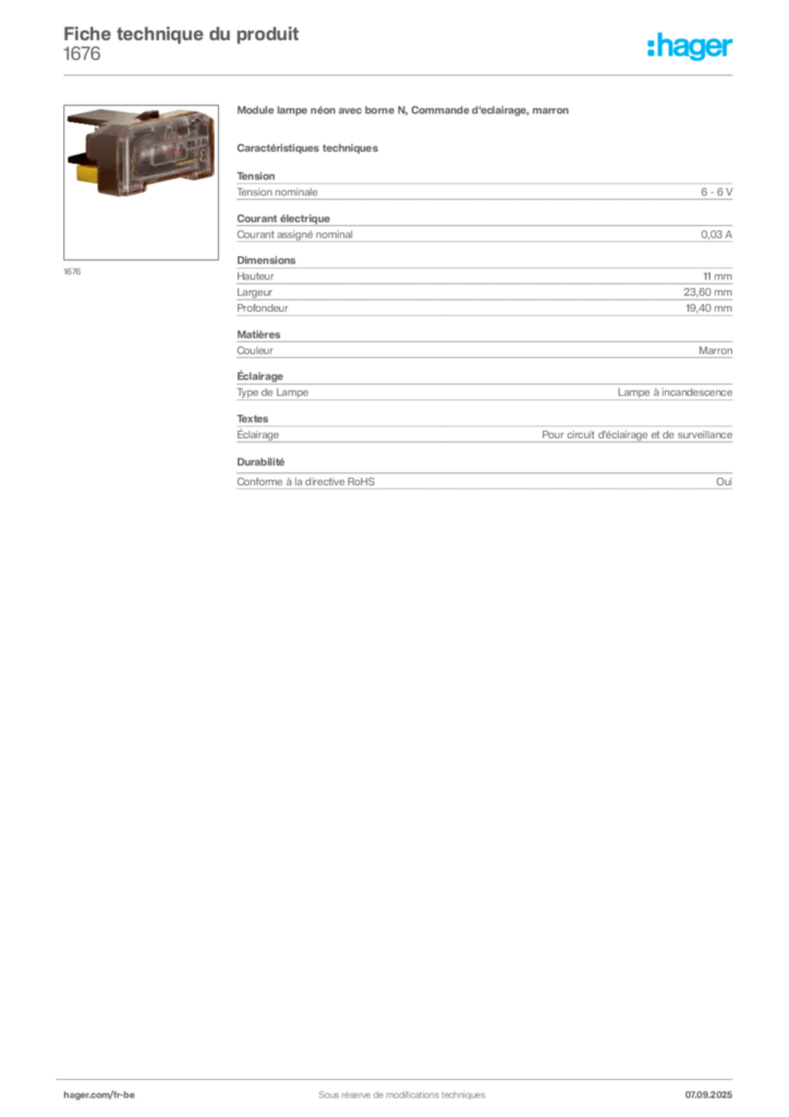 Image Hager Fiche technique du produit 1676 | Hager Belgique