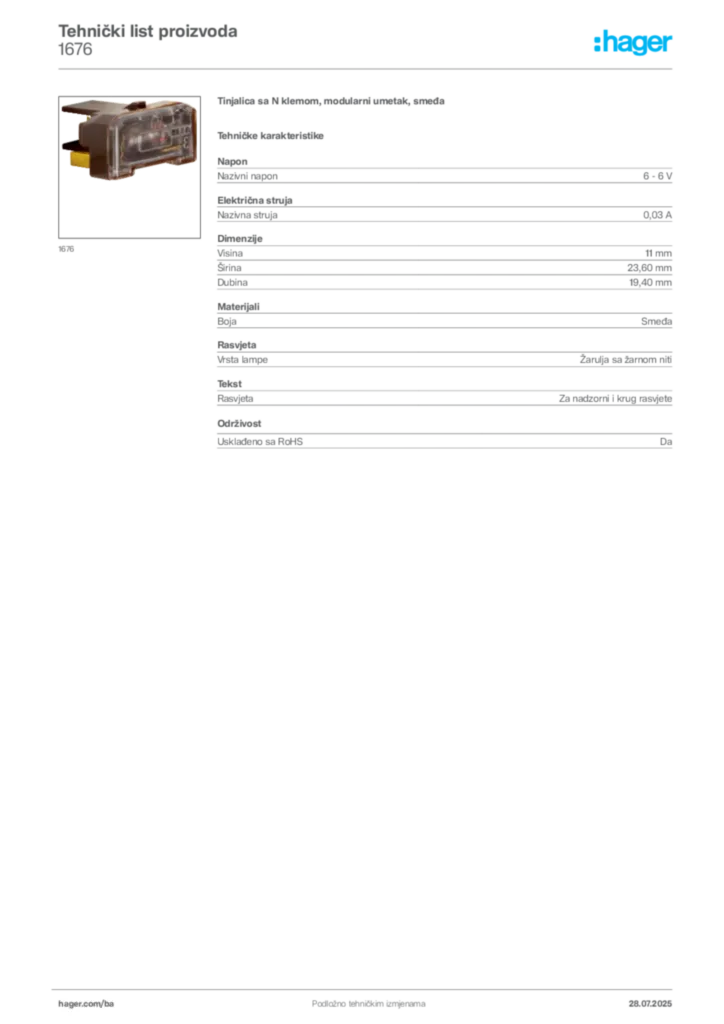 Slika Hager Product data sheet 1676  | Hager