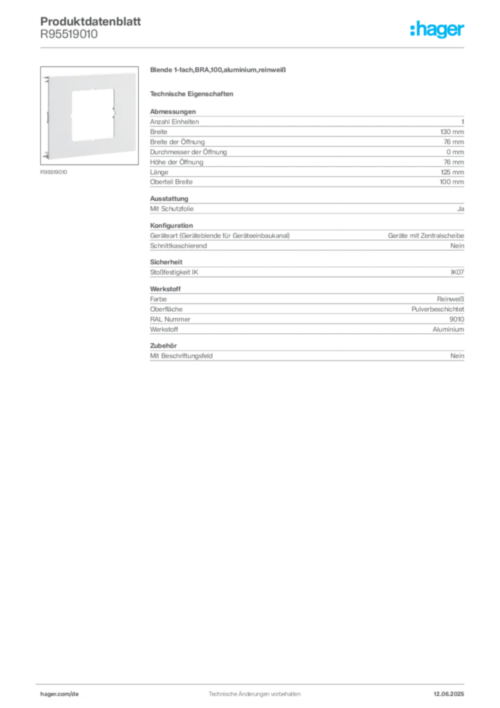 Bild Hager Produktdatenblatt R95519010 | Hager Deutschland