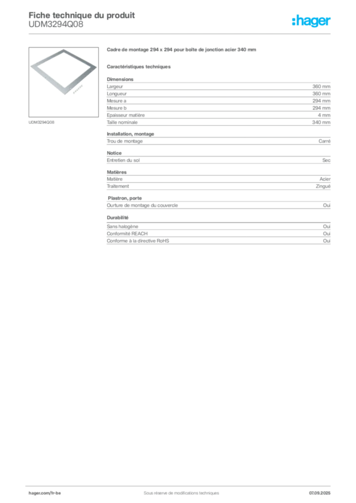 Image Hager Fiche technique du produit UDM3294Q08 | Hager Belgique