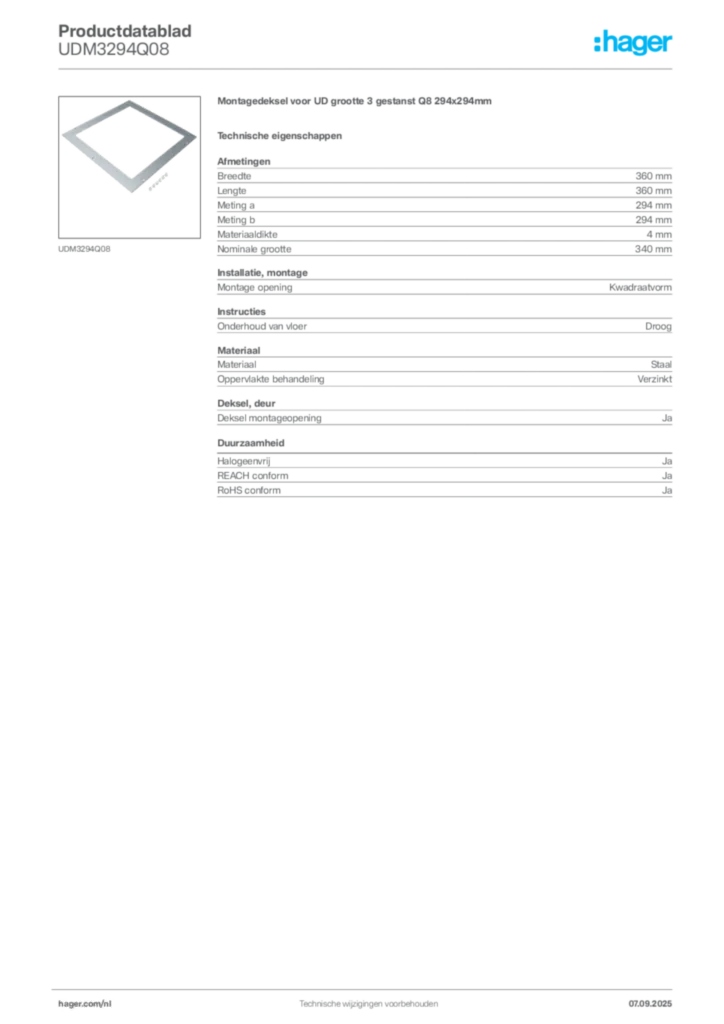 Afbeelding Hager Productdatablad UDM3294Q08 | Hager Nederland