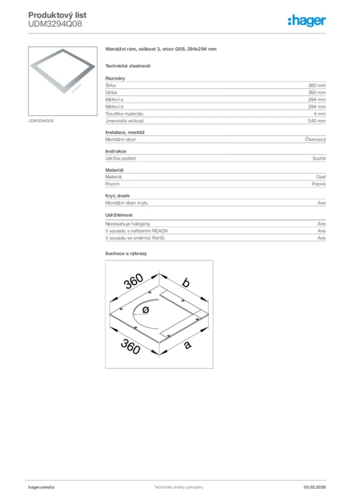 Obrázek Hager Product data sheet UDM3294Q08 | Hager