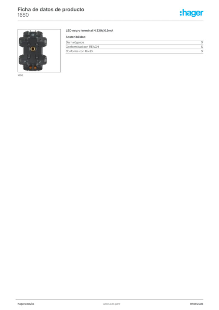 Imagen Hager Ficha de datos de producto 1680 | Hager España