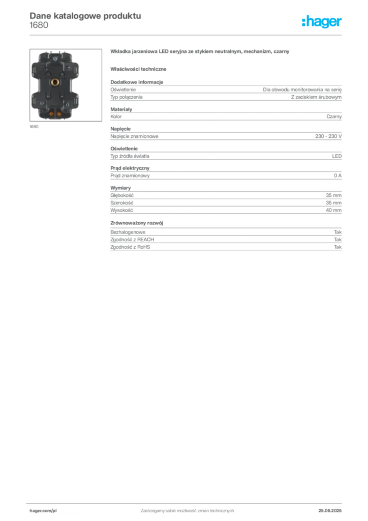 Zdjęcie Hager Karta katalogowa 1680 | Hager Polska