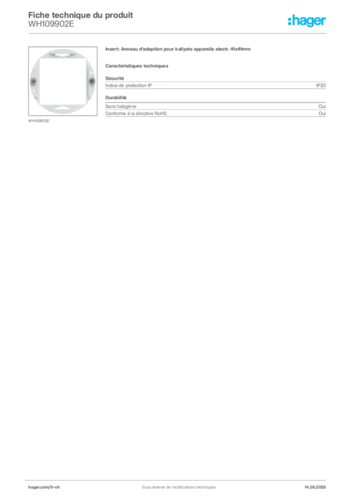 Image Hager Fiche technique du produit WH109902E | Hager Suisse