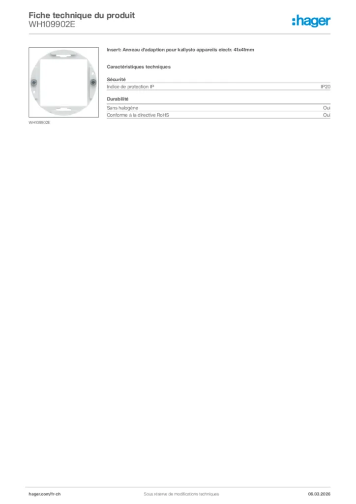 Image Hager Fiche technique du produit WH109902E | Hager Suisse