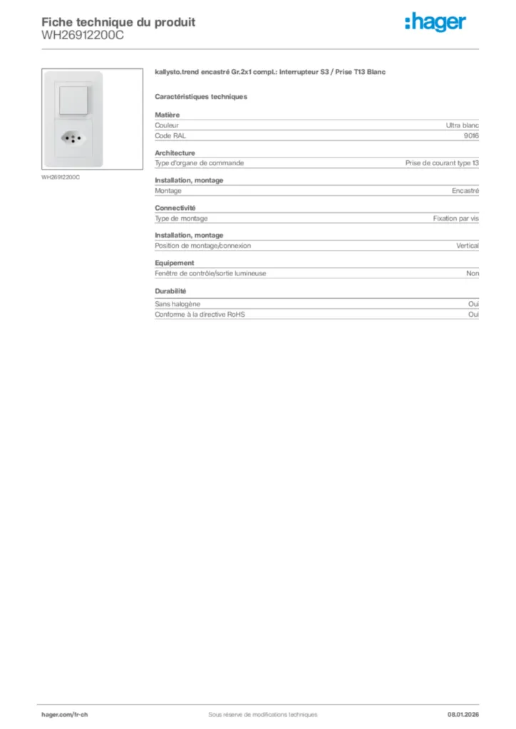 Image Hager Fiche technique du produit WH26912200C | Hager Suisse