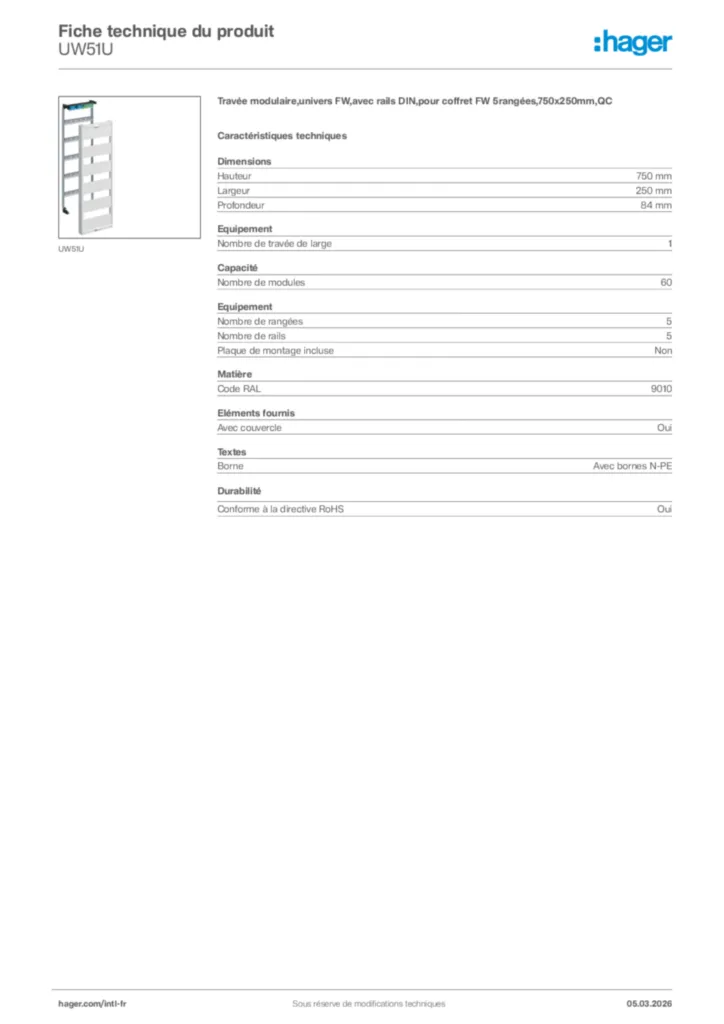Image Hager Fiche technique du produit UW51U | Hager Afrique