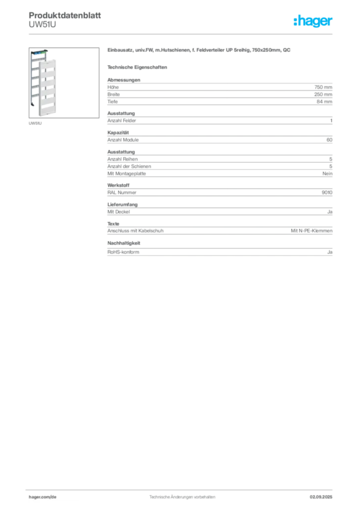 Hager Produktdatenblatt UW51U