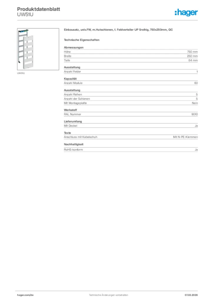 Bild Hager Produktdatenblatt UW51U | Hager Deutschland