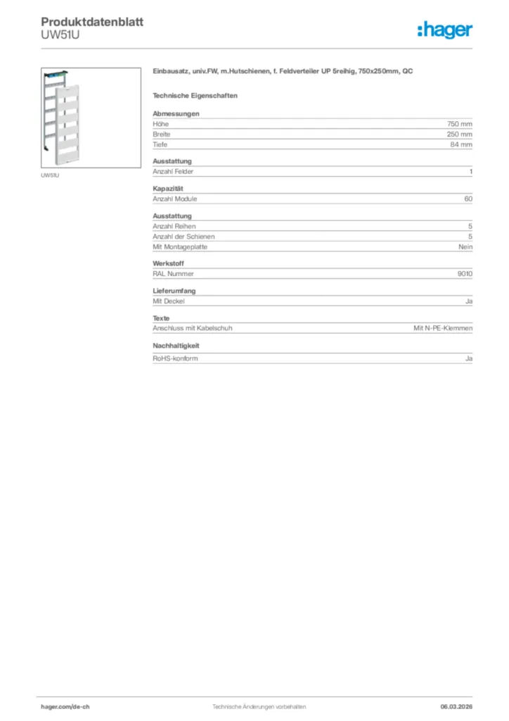 Bild Hager Produktdatenblatt UW51U | Hager Schweiz