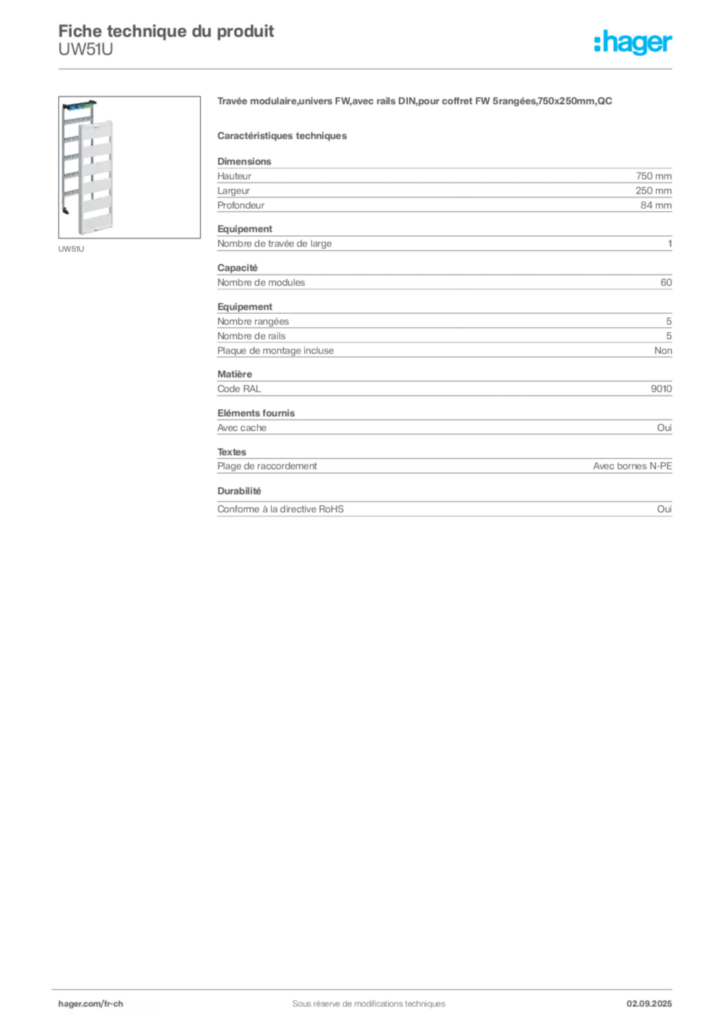 Image Hager Fiche technique du produit UW51U | Hager Suisse
