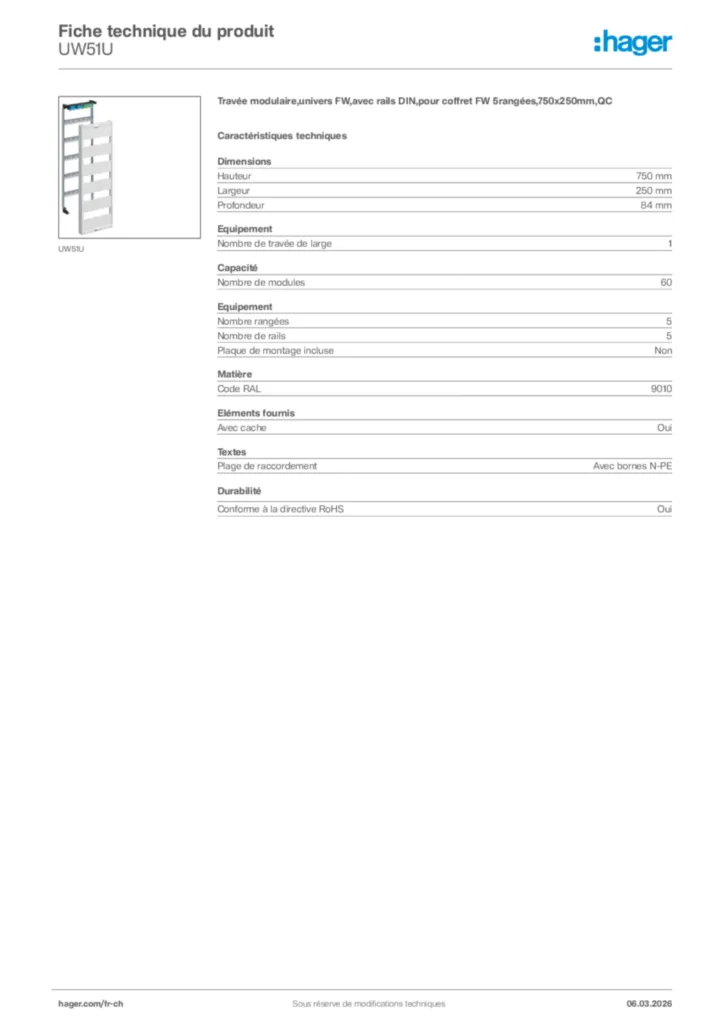 Image Hager Fiche technique du produit UW51U | Hager Suisse
