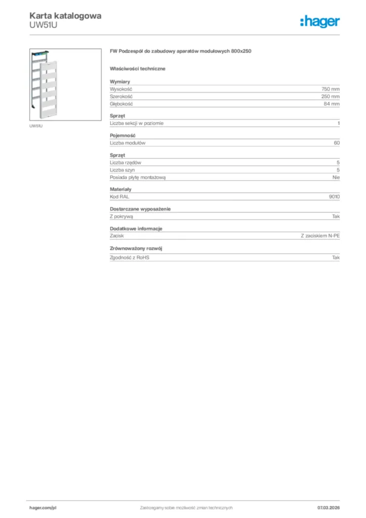 Zdjęcie Hager Karta katalogowa UW51U | Hager Polska