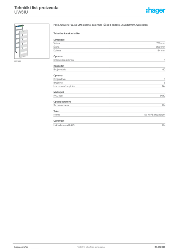 Slika Hager Product data sheet UW51U  | Hager