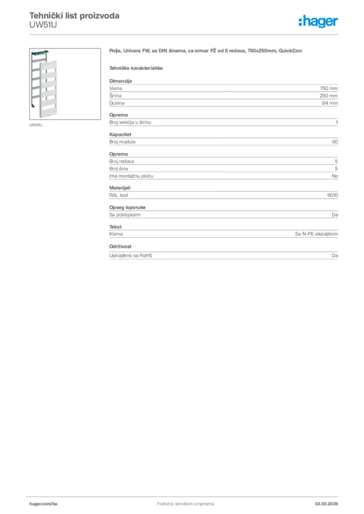 Slika Hager Tehnički list proizvoda UW51U  | Hager