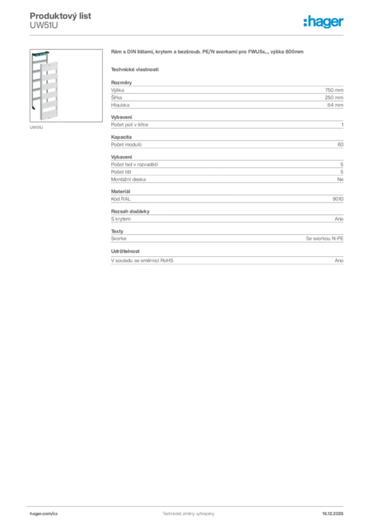Obrázek Hager Produktový list UW51U | Hager
