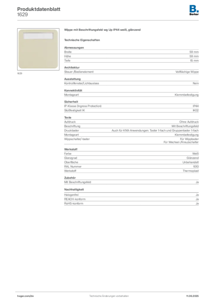 Bild Berker Produktdatenblatt 1629 | Hager Deutschland