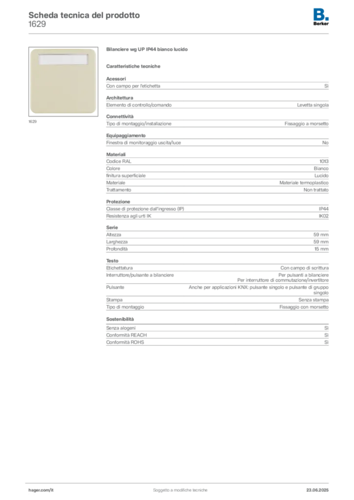 Immagine Berker Scheda tecnica del prodotto 1629 | Hager Italia