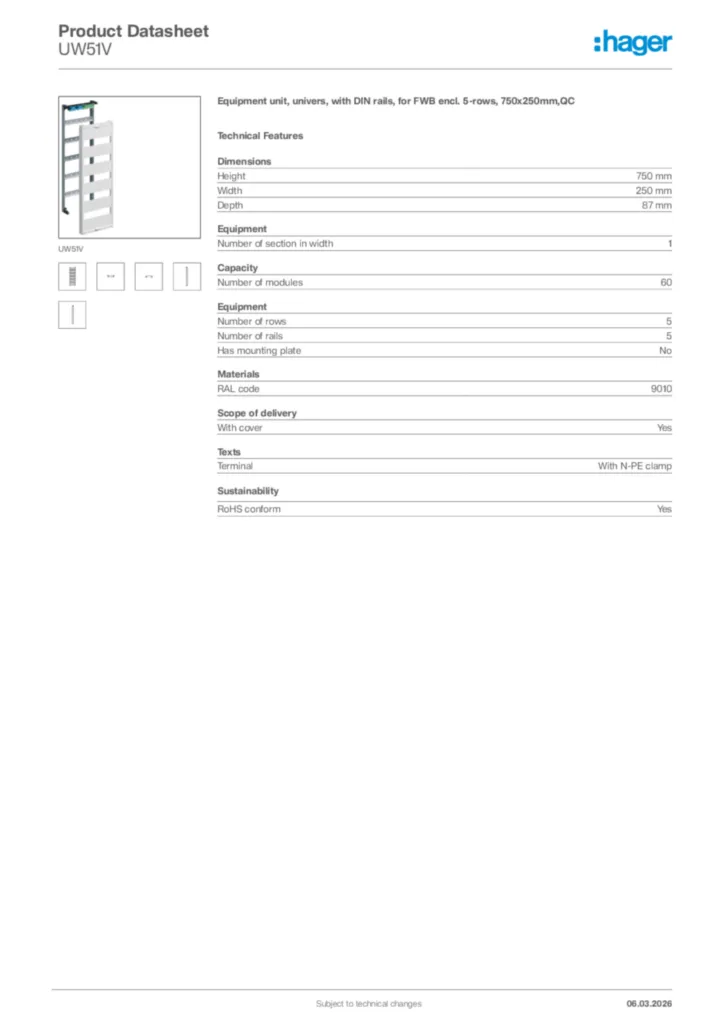 Image Hager Product data sheet UW51V  | Hager Africa