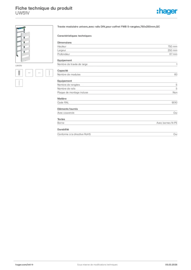 Image Hager Fiche technique du produit UW51V | Hager Afrique