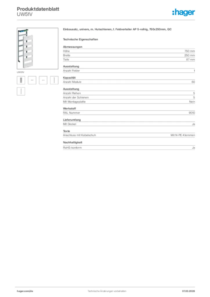 Bild Hager Produktdatenblatt UW51V | Hager Deutschland