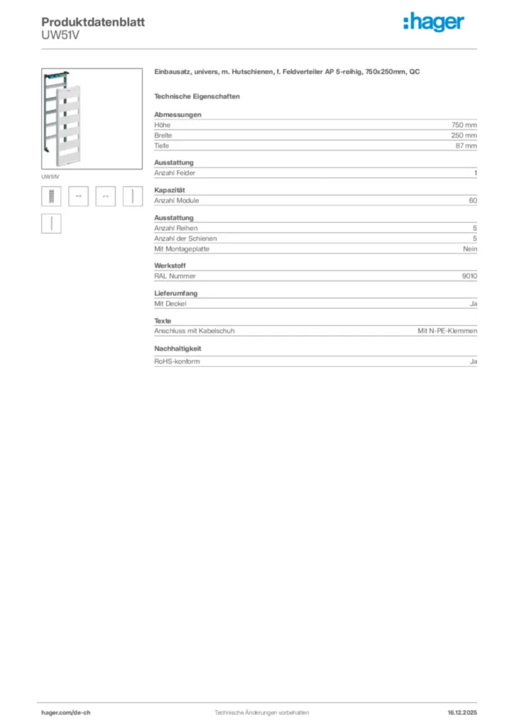 Bild Hager Produktdatenblatt UW51V | Hager Schweiz