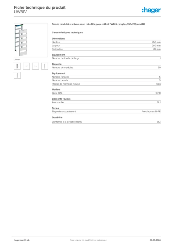 Image Hager Fiche technique du produit UW51V | Hager Suisse