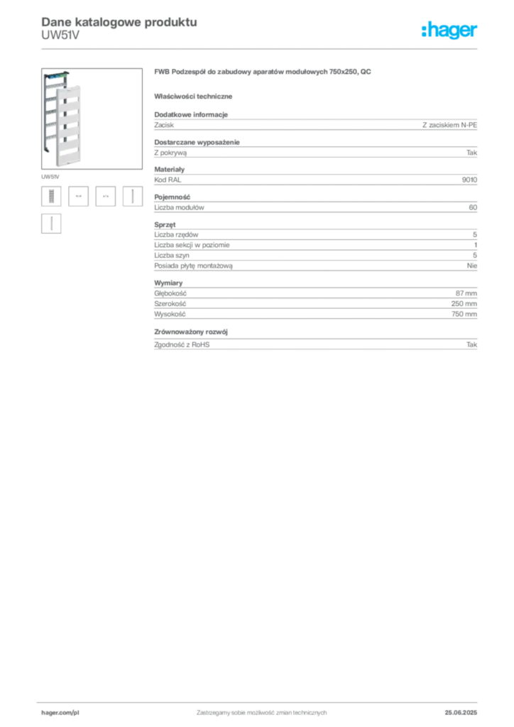Zdjęcie Hager Karta katalogowa UW51V | Hager Polska