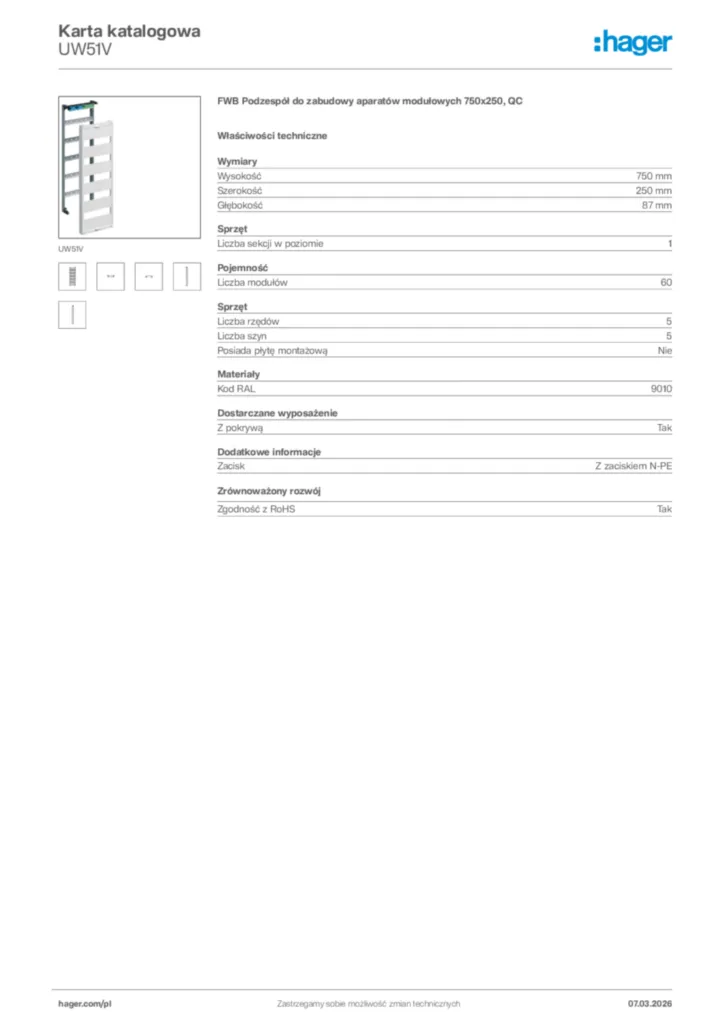 Zdjęcie Hager Karta katalogowa UW51V | Hager Polska