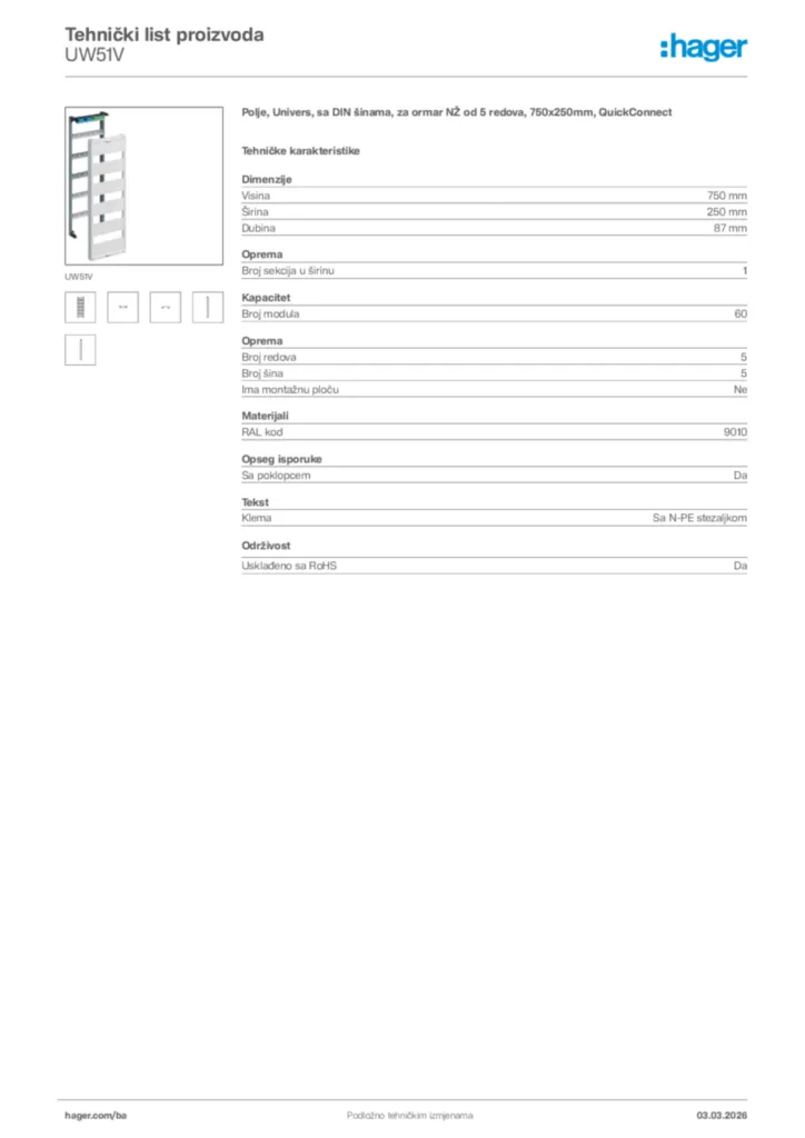 Slika Hager Tehnički list proizvoda UW51V  | Hager