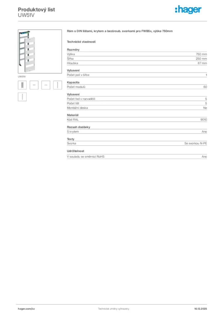 Obrázek Hager Produktový list UW51V | Hager