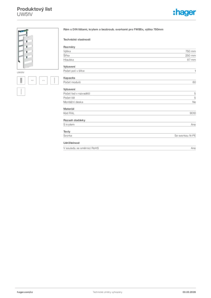 Obrázek Hager Product data sheet UW51V | Hager