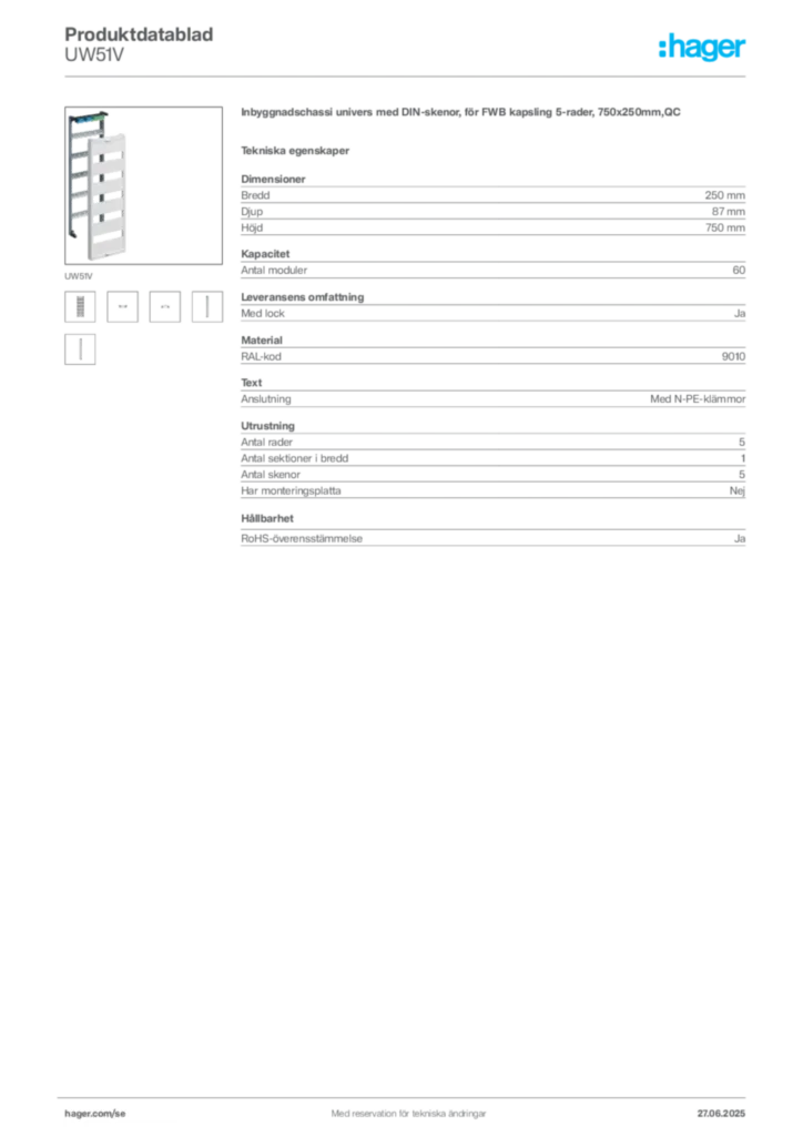 Bild Hager Produktdatablad UW51V | Hager Sverige