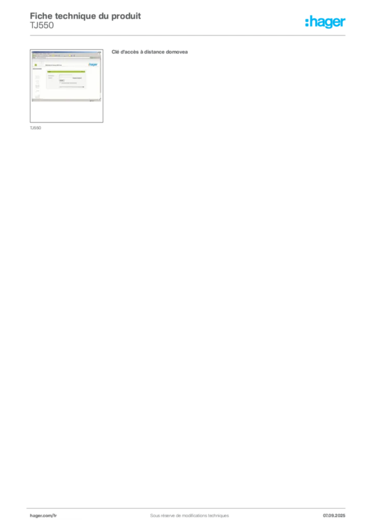 Image Hager Fiche technique du produit TJ550 | Hager France