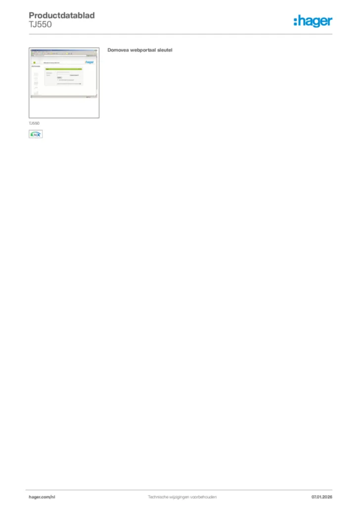 Afbeelding Hager Productdatablad TJ550 | Hager Nederland