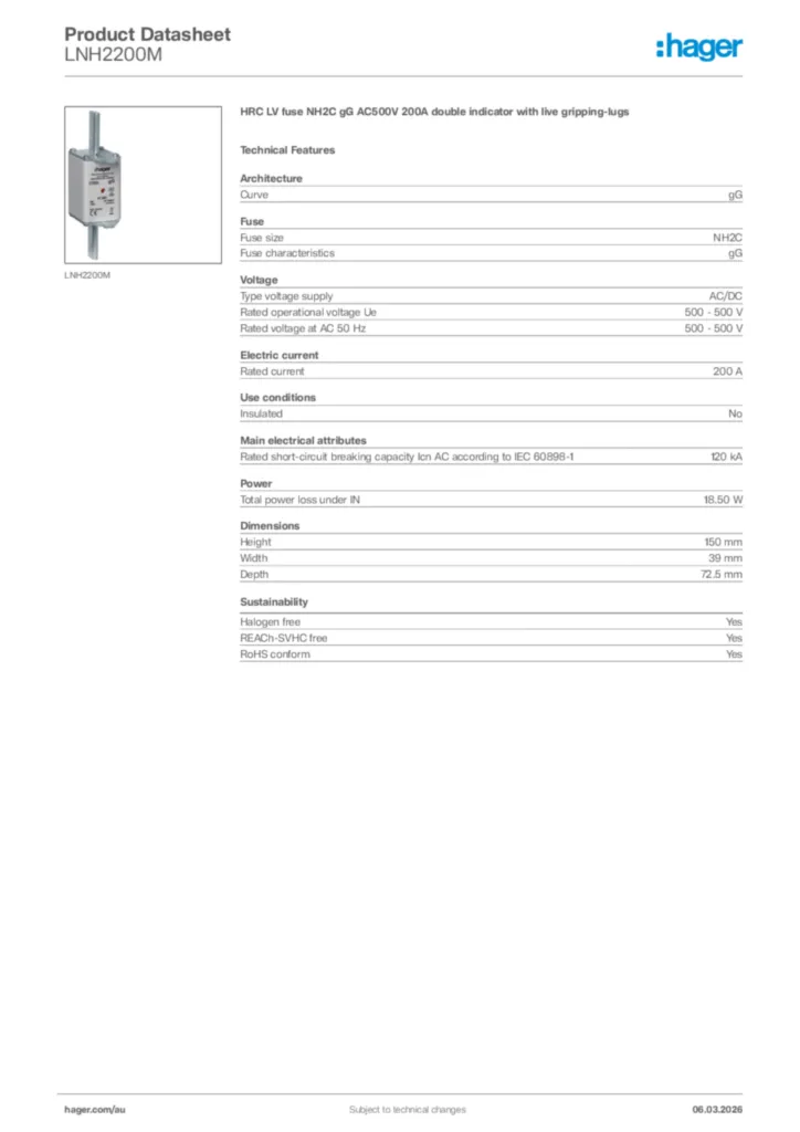 Image Hager Product data sheet LNH2200M  | Hager Australia