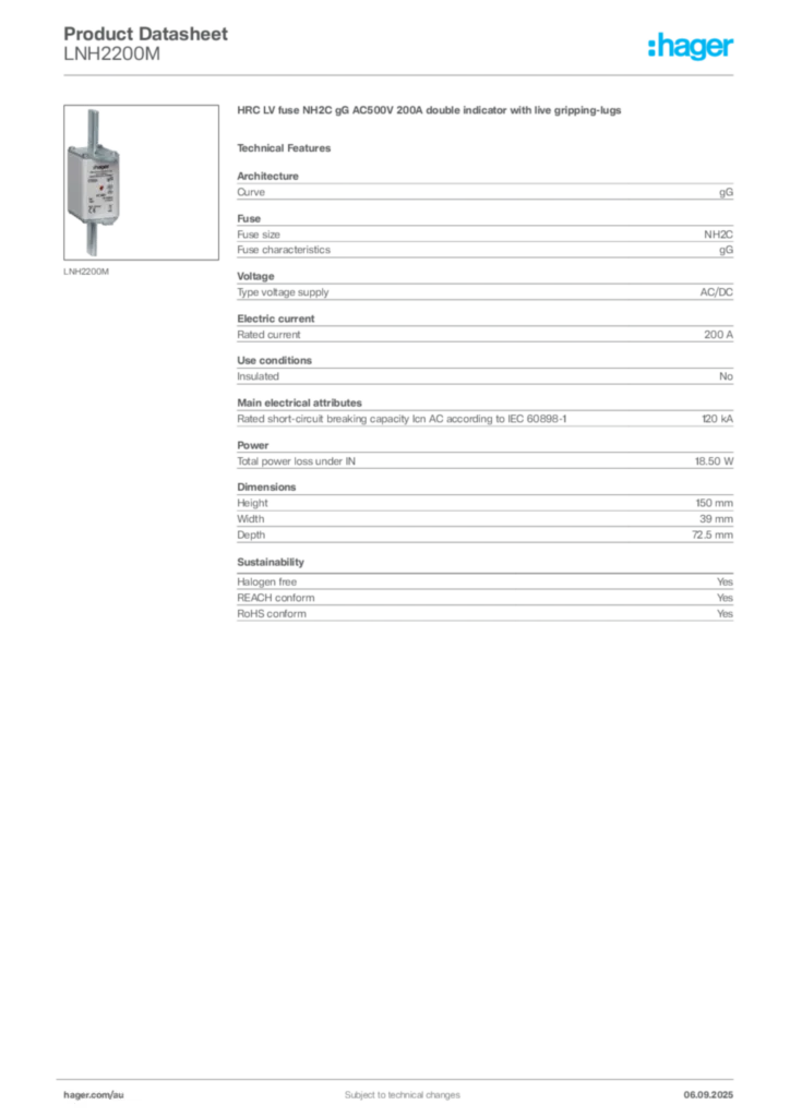 Image Hager Product data sheet LNH2200M  | Hager Australia