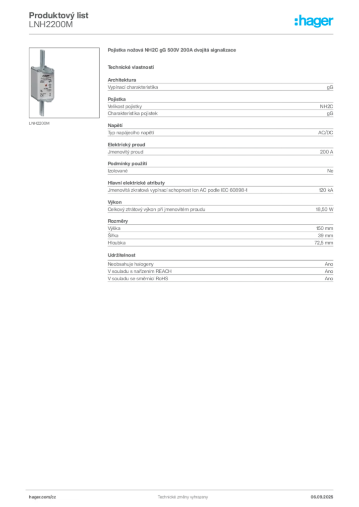 Obrázek Hager Produktový list LNH2200M | Hager