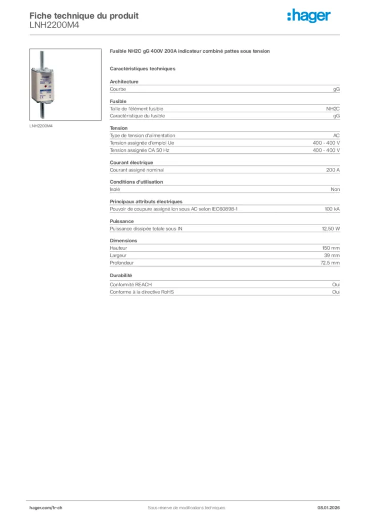 Image Hager Fiche technique du produit LNH2200M4 | Hager Suisse