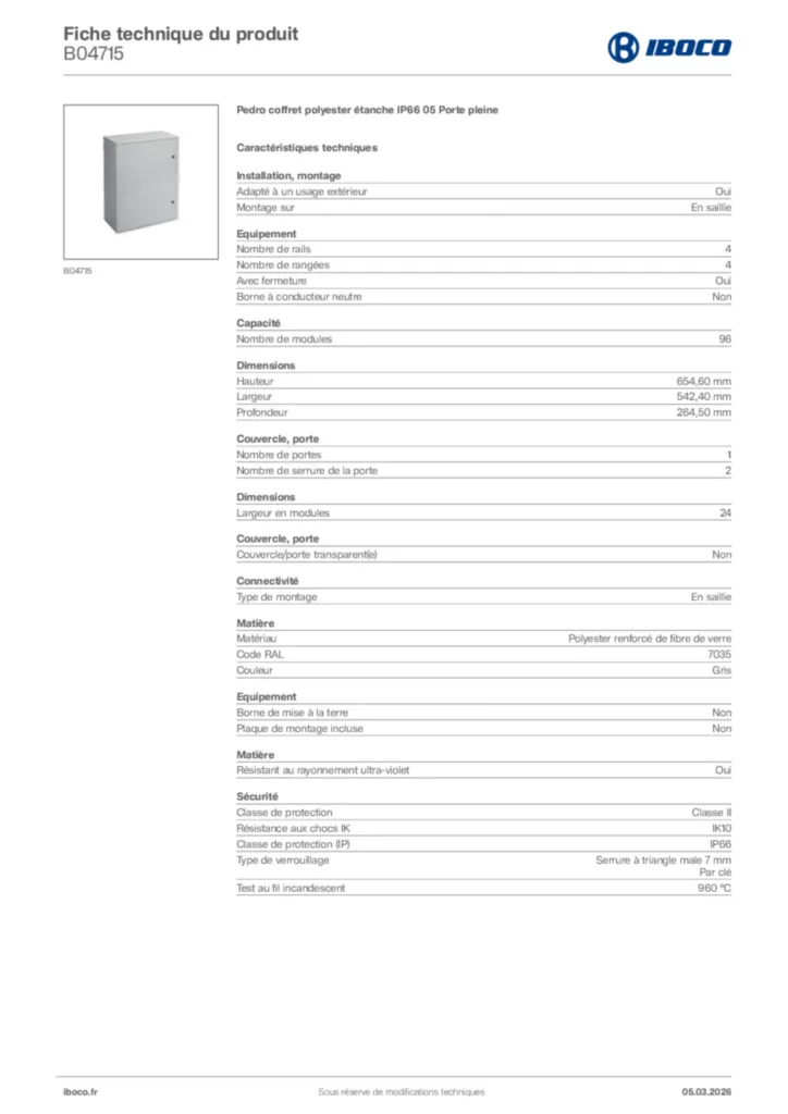 Image Iboco Fiche technique du produit B04715 | Hager France